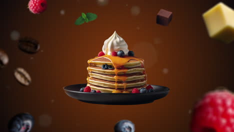 Colorfull-pancakes-with-cream-Animation-intro-for-advertising-or-marketing-on-dark-orange-backgroun-for-restaurants-with-the-ingredients-of-the-dessert-flying-in-the-air---add-price-or-sale