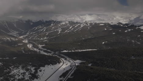 Vail-pass-i70-perspective-of-sky-chutes-Copper-Mountain-ski-resort-trail-runs-ten-mile-range-Leadville-Colorado-ikon-snowy-winter-spring-snowy-peaks-evening-clouds-sunset-forward-reveal-motion