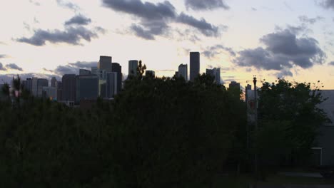 Descending-drone-shot-of-downtown-Houston,-Texas