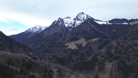 Aerial-view-of-drone-flying-sideways-along-pine-forest-with-snow-capped-mountains-in-background-on-a-cloudy-day-in-Vorarlberg,-Austria