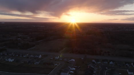 American-residential-area-in-Blaine,-Minnesota,-dramatic-sunset-evening,-drone