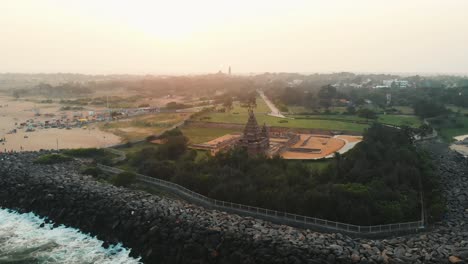 Aerial-View-Across-Shore-Temple-In-Chennai-During-Sunset