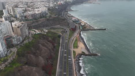 Aerial-drone-morning-footage-of-Lima-skyline,-the-capital-city-of-Peru-in-South-America-Miraflores-Chorrillos-Barranco-Malecón-de-Miraflores-cliffs