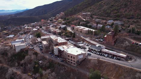 Jerome-Arizona-USA,-Aerial-View-of-Hillside-Buildings-and-Streets,-Former-Mining-Town,-Establishing-Drone-Shot