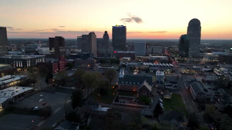 aerial-pullout-winston-salem-skyline-at-sunrise