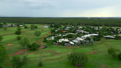 Aerial-Drone-of-Houses-Near-Golf-Course-on-Edge-of-Forest-in-Marrara-Darwin-NT-Australia,-Orbit