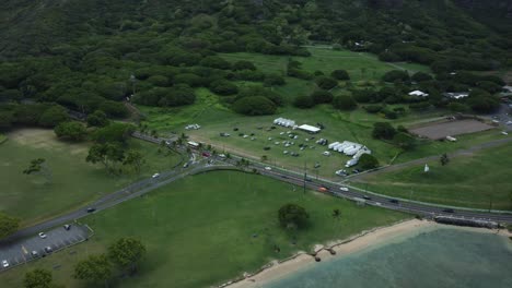 Aerial-Drone-Shot-of-Hawaii-by-the-Coast-Zoom-In,-Highway-View