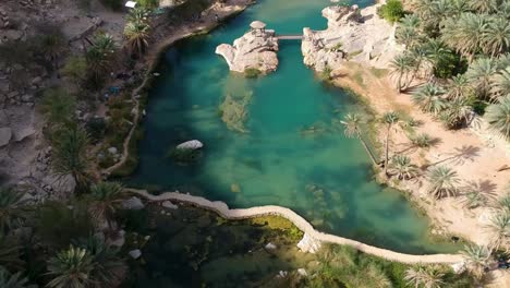 Aerial-drone-of-stunning-Wadi-Bani-Khalid-oasis-with-turquoise-water-and-palm-trees-in-the-Sultanate-of-Oman