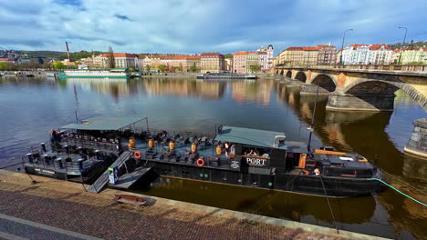 Port-Lounge-Bar---Radegast-Boat-On-Side-Of-Vltava-River-Near-Palacky-Bridge-In-Prague,-Czech-Republic