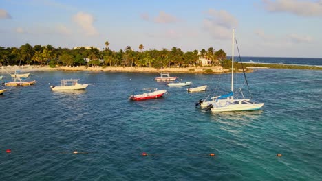 Landscape-of-boats-floating-in-the-sea-waters-and-beautiful-palm-trees-in-the-background