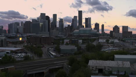 High-angle-establishing-wide-angle-drone-shot-of-downtown-Houston