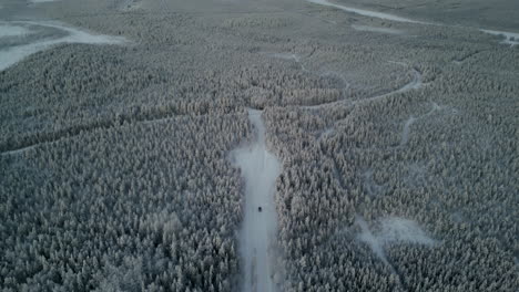 Drone-footage-captures-a-black-van-moving-through-a-snow-covered-forest-in-Luosto,-Finland,-near-the-Arctic-Circle,-as-it-descends