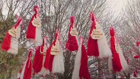Baba-marta-folklore-tradition,-red-and-white-handmade-Martenitsa-dolls-hang-on-trees