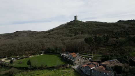 Aerial-View-of-San-Pedro-da-Pena-Church-and-Castle,-Xinzo-de-Limia,-Galicia-Spain
