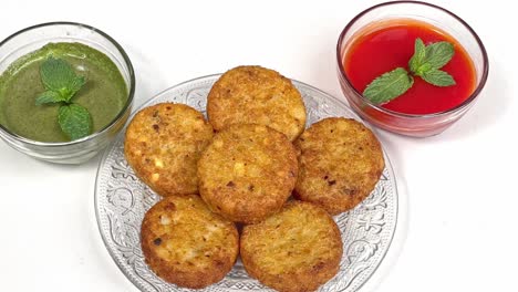 Aloo-Tikki-Ragda-Patties-Schnitzel-Ist-Ein-Beliebter-Snack-Oder-Snack-Aus-Indien,-Serviert-Mit-Tomatenketchup-Oder-Imli-Chutney-über-Dem-Hintergrund