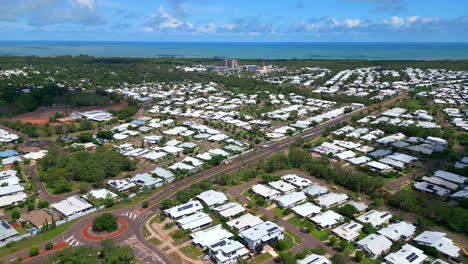 Aerial-Drone-of-Muirhead-Residential-Family-Suburb-Traffic-Circle-Near-Coast-NT-Australia