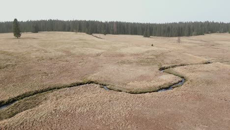 Die-Landschaft-Des-Kruse-Hory-Bietet-Ein-Offenes-Feld-Mit-Grasflächen,-Einen-Gewundenen-Bach-Und-Einen-Entfernten-Wald-Unter-Einem-Klaren-Himmel