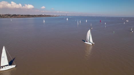 Catamarán-Navegando-Con-Una-Flota-En-El-Río-Resplandeciente---Panorámica-Aérea