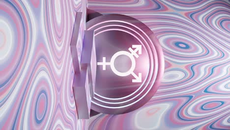 Transgender-Symbol-Auf-Einem-Podium-Mit-Farbenfrohem-Rosa-Wellenmuster-Im-Hintergrund,-Vertikal