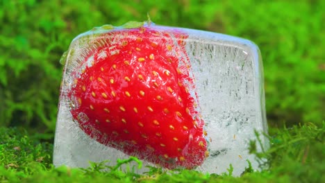 timelapse-of-a-bright-red-strawberry-frozen-in-a-melting-ice-cube-sitting-on-a-bed-of-vibrant-green-growing-moss-STATIC-ZOOM-OUT