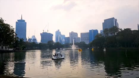 Locals-and-tourists-relaxing-and-paddling-some-fancy-paddle-boats-late-in-the-afternoon-in-the-middle-of-Lumpini-Park,-in-Bangkok,-Thailand