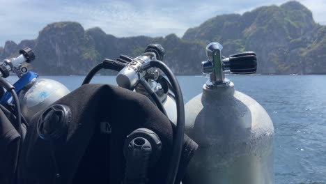 Close-up-of-diving-equipment-prepared-on-boat-to-the-activity