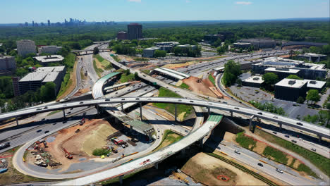 Traffic-On-The-City-Roads-And-Highways-In-Atlanta,-GA-,-USA---Aerial-Drone-Shot