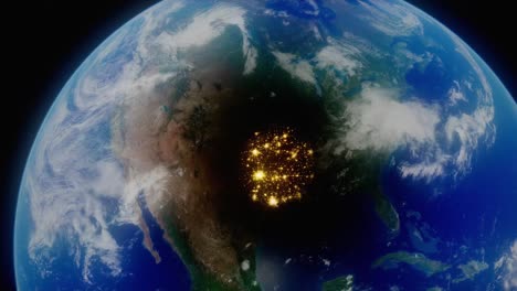 4K-HDR-Earth-animation-concept,-visualizing-the-April-8th,-2024-solar-eclipse-across-North-America,-as-seen-from-high-in-orbit-above-planet-Earth,-with-city-lights-revealed-by-the-shadow