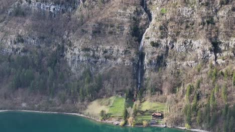 Walensee-Waterfall,-Quinten,-Swiss-Alps---aerial