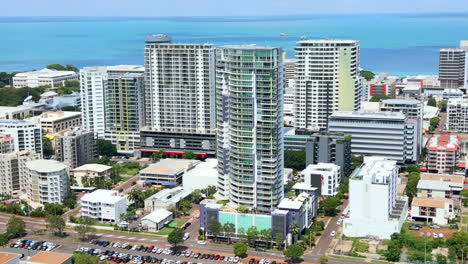 Aerial-Drone-of-City-with-Ocean-View-Apartment-Buildings-Along-Coastline-of-Darwin-NT-Australia