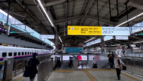 At-Tokyo-Station,-travelers-ascend-from-the-lower-stairways-to-the-main-terminal,-embodying-the-essence-of-travel-and-daily-train-commuting