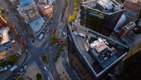 Aerial-overview-of-traffic-on-the-Avenida-Nueva-Providencia,-sunrise-in-Santiago-de-Chile