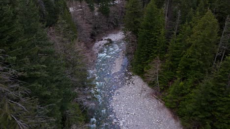 Aerial-view-of-flowing-Hansen-Creek-River-in-Evergreen-forest-in-Snoqualmie,-Washington-State