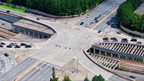 Aerial-View-Of-Traffic-Intersection-In-Downtown-Atlanta-In-USA---Drone-Shot