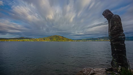 Time-lapse-Attersee-lake-water-landscape-hills-background-clouds-in-motion-coast-waterfront-bay-panoramic-wide-natural-environment
