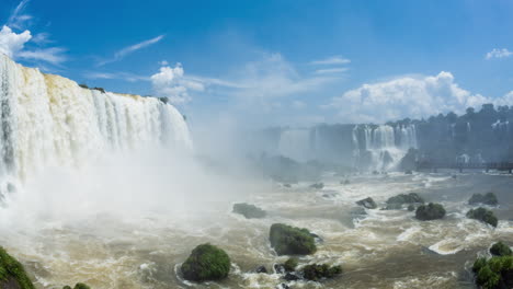 Timelapse-of-Waterfalls-of-Iguazu-around-a-big-green-area,-in-a-sunny-day,-Foz-do-Iguacu,-Parana,-Brazil