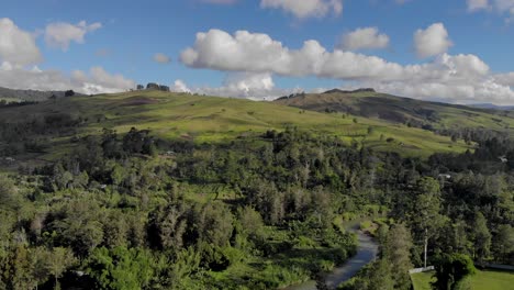 Wunderschöne-Grüne-Hügel-Und-Ein-Fluss-Mit-Bäumen,-Filmische-Luftaufnahme-Der-Landschaft-Von-Papua-Neuguinea