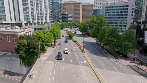 Roads-And-Vehicles-In-Buckhead-Residential-District-In-Georgia,-USA---Aerial-Drone-Shot