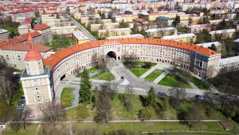 Aerial-View-Of-Porubsky-Arc-With-Socialist-Realism-Architectural-Style-In-Ostrava,-Czech-Republic