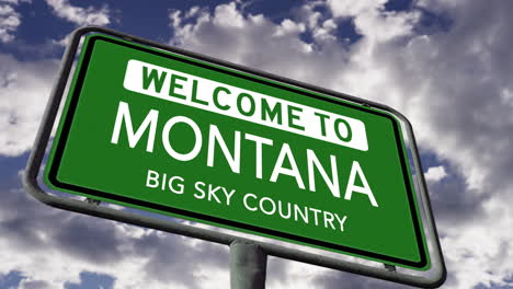 Willkommen-In-Montana,-US-Staatsstraßenschild,-Big-Sky-Country-Slogan,-Realistische-3D-Animation