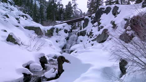 Aerial-view-of-Eagle-Falls-waterfall,-Desolation-Wilderness,-Lake-Tahoe,-California