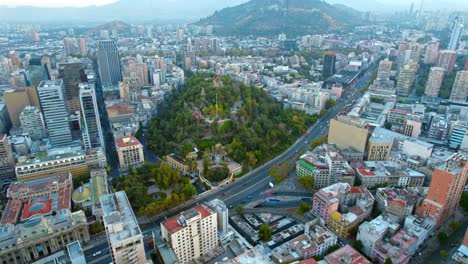 Aerial-view-around-the-Santa-Lucía-Hill,-cloudy-day-in-Santiago-de-Chile