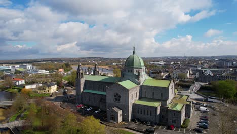 Drone-shot-of-sun-hitting-Galway-Cathedral-in-Ireland
