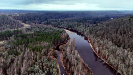 Gauja-river-bend-on-overcast-day-with-bare-trees,-aerial-view