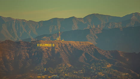 Time-Lapse,-Hollywood-Sign-and-Hills-on-Hot-Sunny-Day,-Landmark-and-Shadows