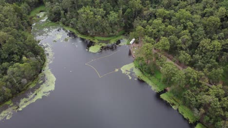 4K-aerial-drone-shot-of-natural-lake-with-a-safe-swimming-spot,-green-vegetation-around-the-lake