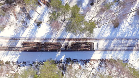 Truck-transports-felled-tree-logs-on-snowy-rural-track