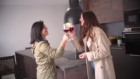 Two-women,-couple-of-friends-drink-wine-indoor-at-kitchen-home-toasting-cheering-with-glass-smiling,-speaking-and-laughing