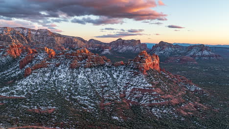 Red-Rock-Mountains-And-Buttes-In-Sedona-Partly-Covered-With-Snow-At-Sunset