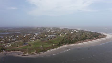 Aerial-high-and-wide-panning-shot-of-historic-Fort-Moultrie-on-Sullivan's-Island,-South-Carolina